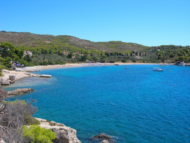 One of the mamy cobalt blue coves found around the best beaches in Spetses island